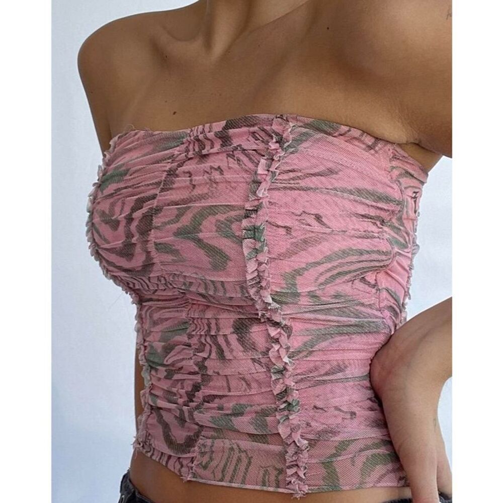 I.AM.GIA Womens Mesh Ruched Parton Lined Tube Top Crop Pink Size L Y2K Barbie
